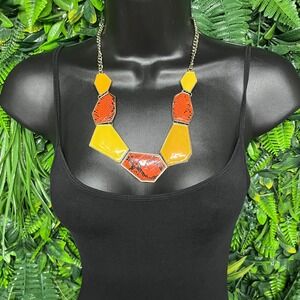 Orange Yellow Snakeskin Geometric Bib Statement Necklace Gold Tone 3788